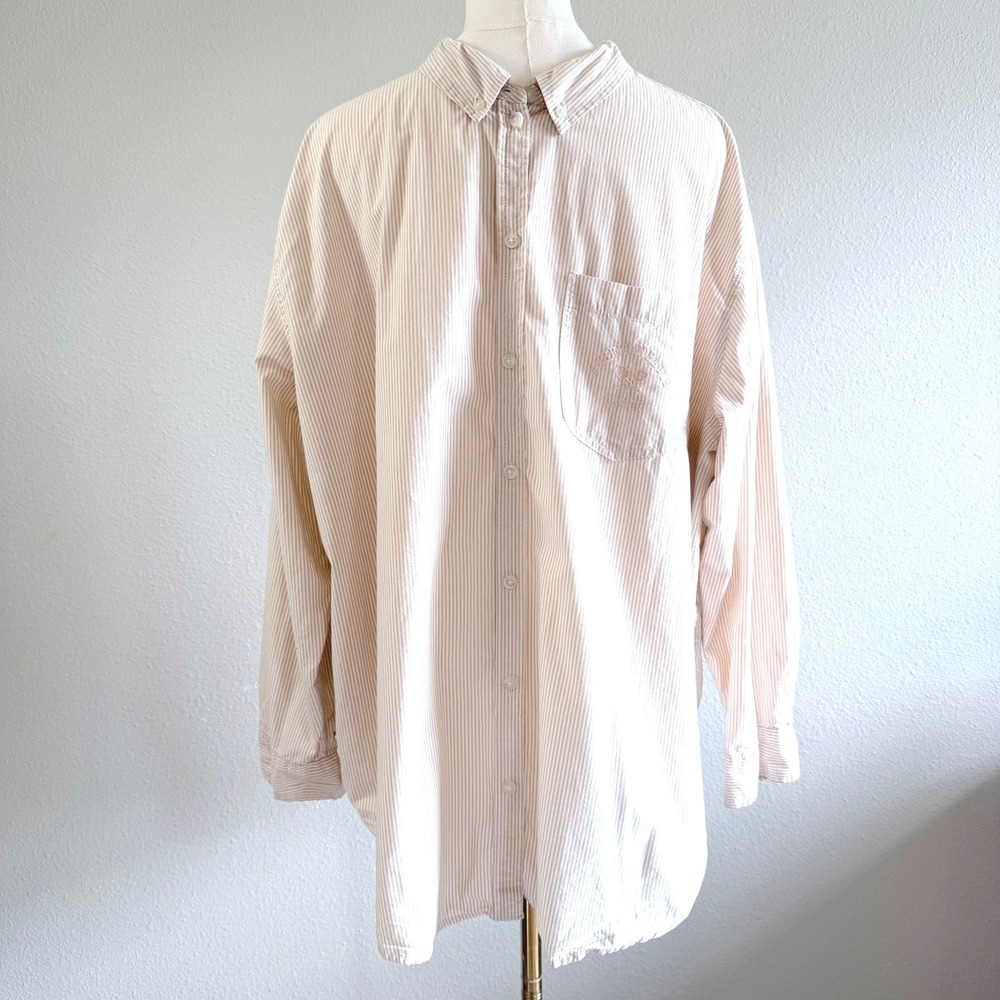 American Eagle Mens Tan White Striped Tenniscore Embroidered Logo Shirt Large
